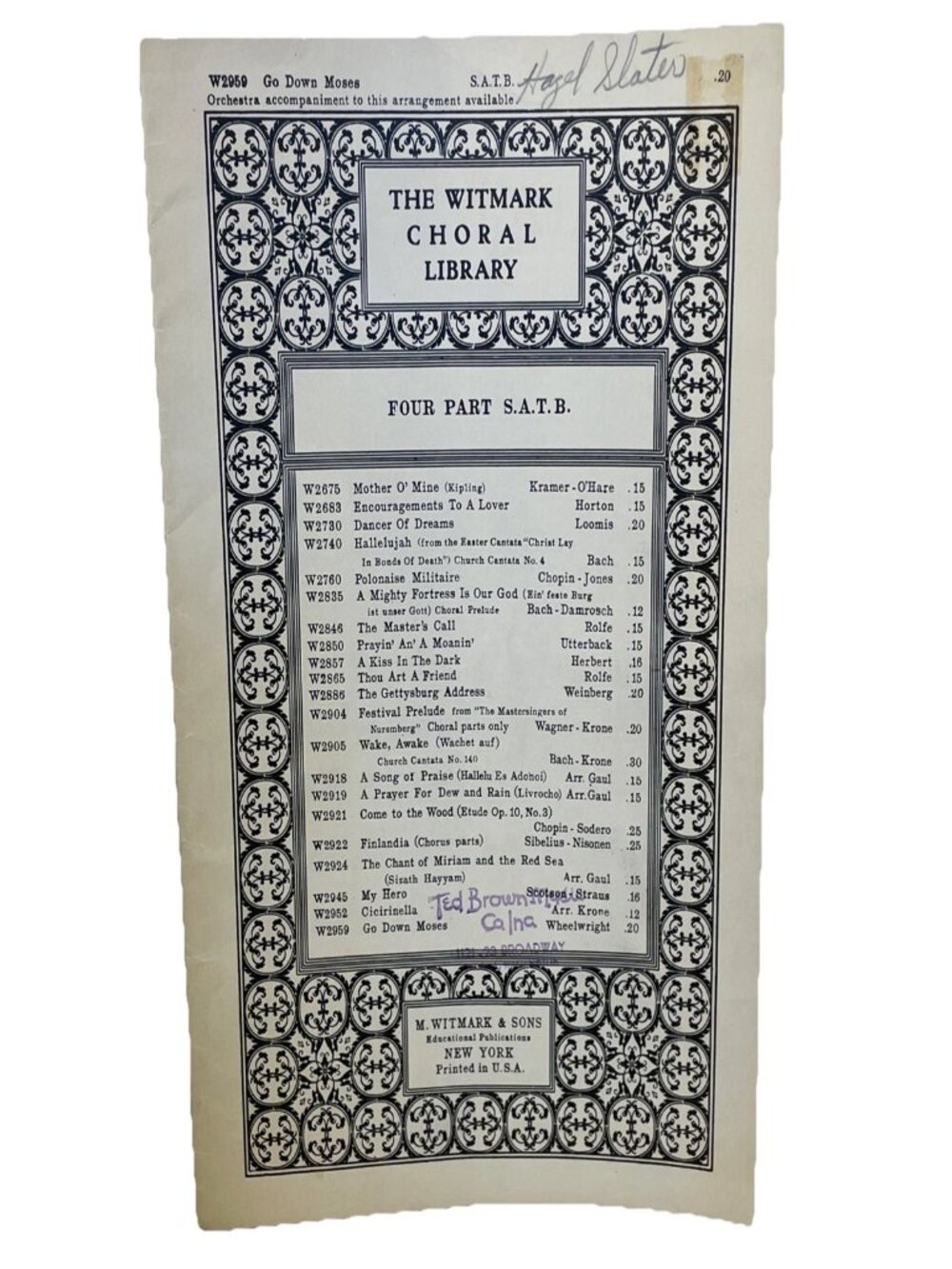 1938 Go Down Moses SATB Sheet Music Witmark Choral Library Vintage Wheelwright